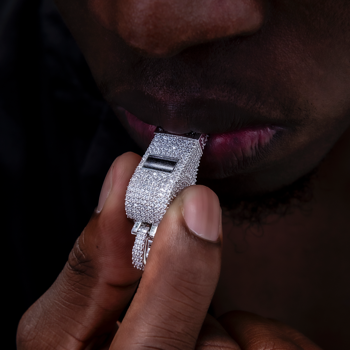 Iced Functioning Coaches Whistle Pendant in White Gold
